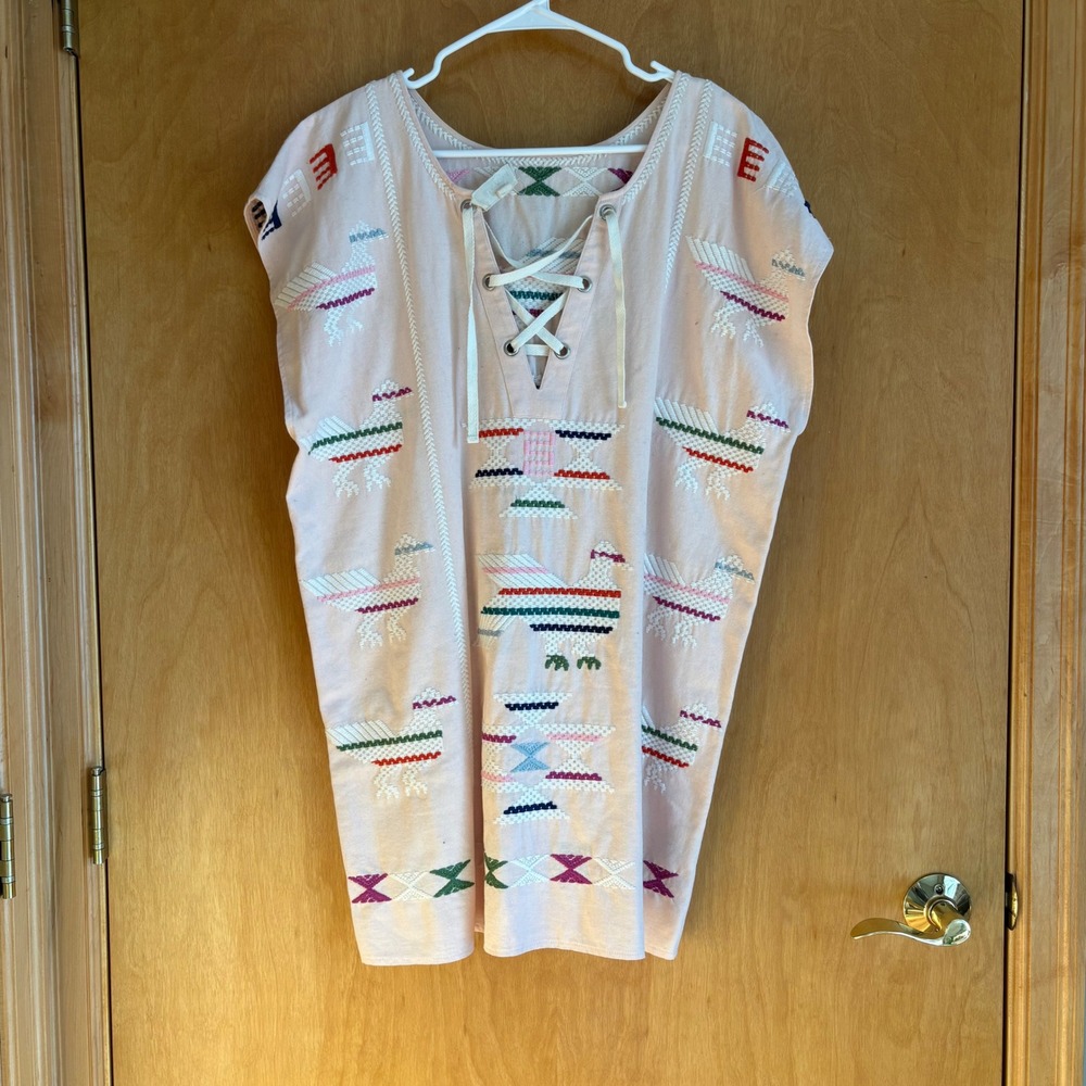 VALIANTE Anthro Pink Embroidered Bird Lace Up Tunic Top Blouse Women's Size 1